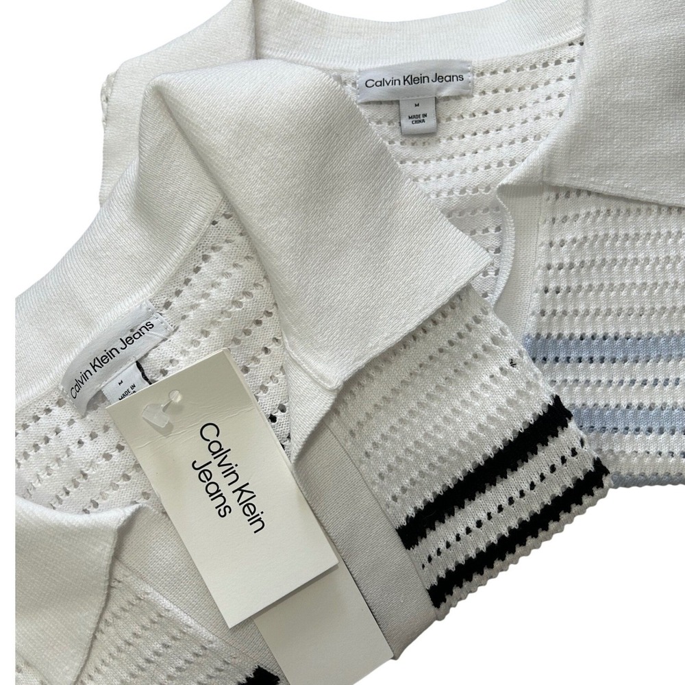 Calvin Klein Striped Crochet‎ Knit Polo Sweater Set Womens Medium White Black